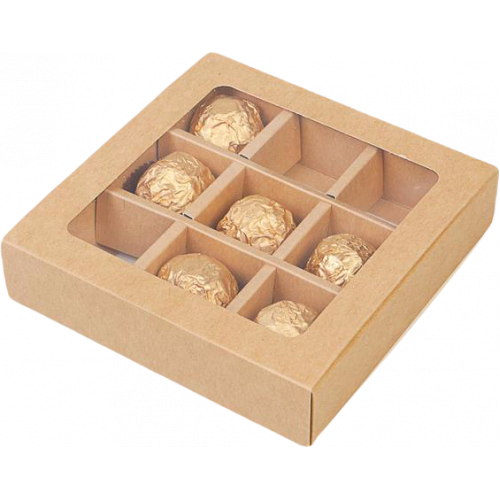 Коробка под конфеты на 9 ячеек,  крафт, 14,5 х 14,5 х 3,5 см